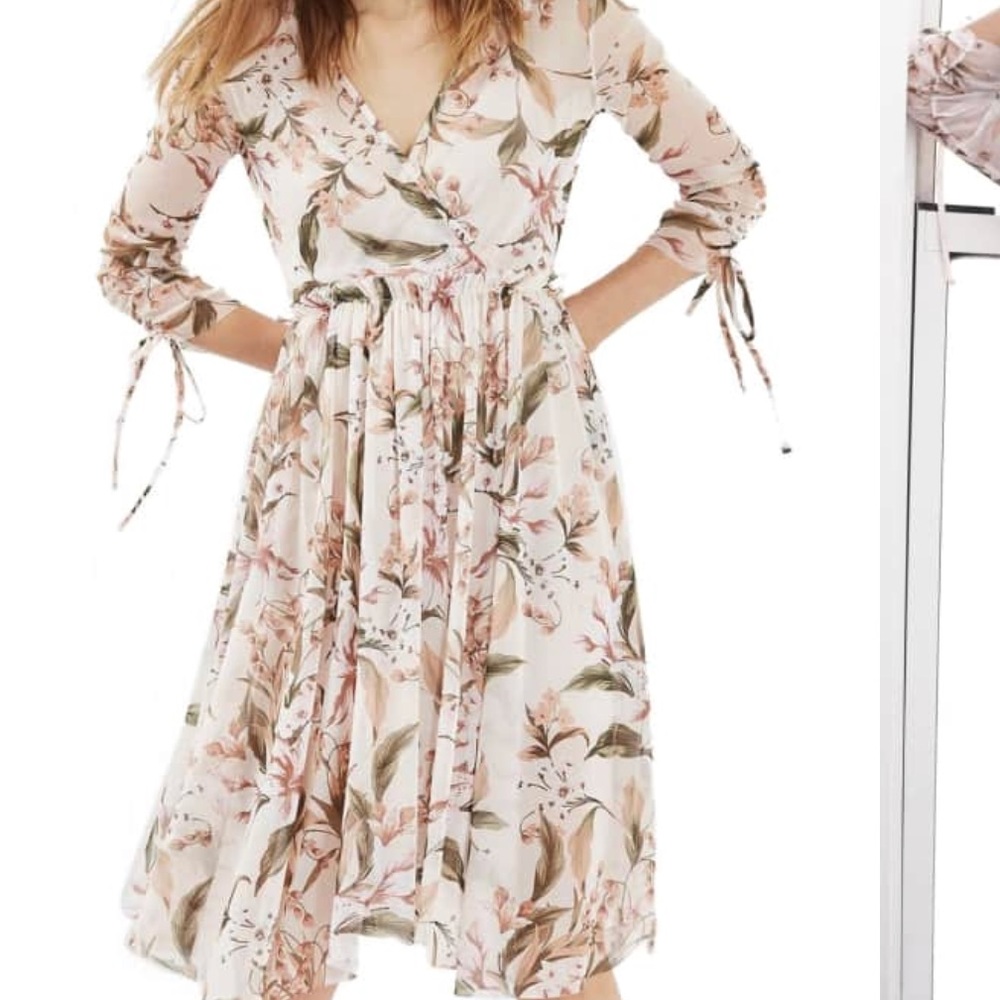 Topshop Floral Wrap Midi Dress in Cream and Pink